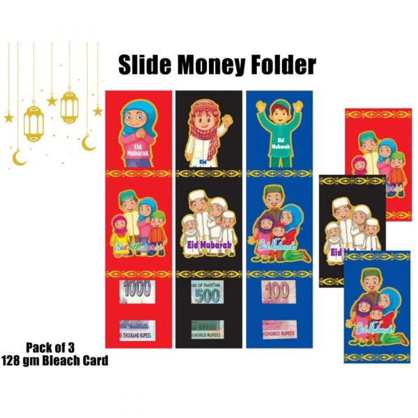 Eid Cards Eidi Envelopes 3 Slides Foldable and Money Attaching Pack of 3 Pcs
